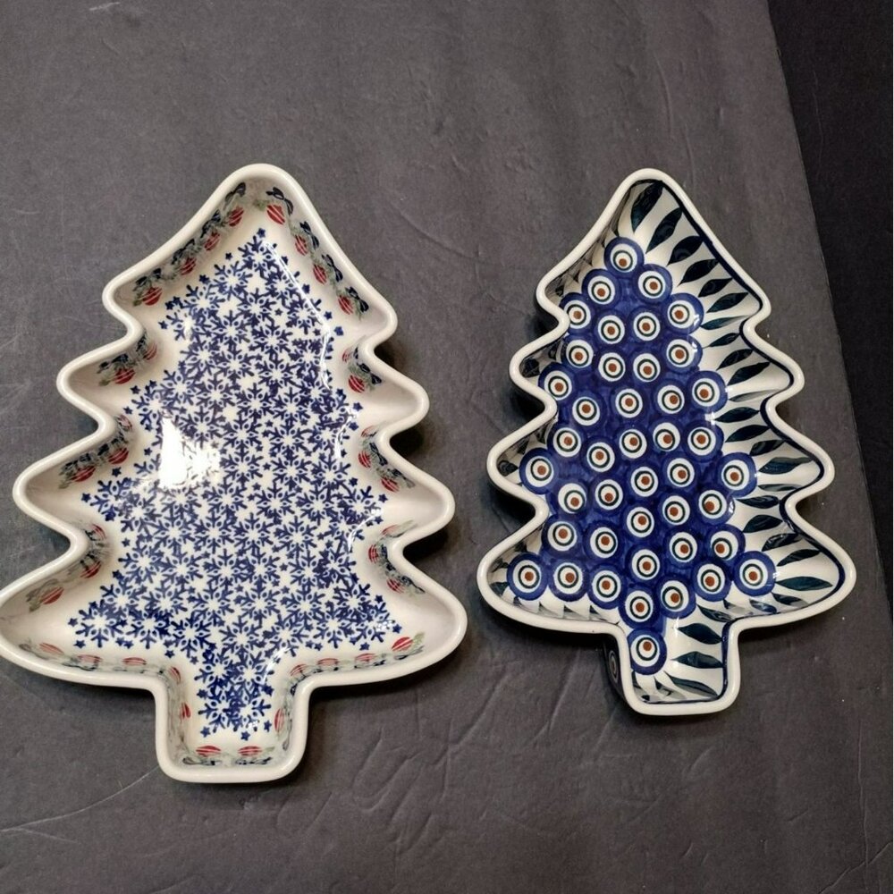 Polish Pottery Manufaktura Boleslawcu Christmas Tree Dish 9.5" Blue Snowflakes - Picture 9 of 9